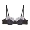 Lencería estilo francés para mujer, satén de algodón fino sexy con ribete de encaje de pestañas, sujetador push-up suave con aros para busto pequeño