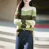 Novo Cardigan de Malha Listrado Feminino Outono/Inverno 2026 Lã Fina Gola Redonda Manga Longa Casaco Suéter Color Block