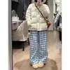 Calça Xadrez Azul e Branco Retro Color Block para Mulheres 2025 Nova Primavera e Outono Tamanho Pequeno Casual Solta Estilo Preguiçoso Calça de Perna Larga