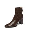 Elegante Commuter Goddess Style Texted Pele de carneiro enrugada Botas finas de salto alto grosso 2024 Inverno Botas de couro com cabeça quadrada