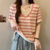 Camiseta de Manga Corta Rayada de Dos Piezas Falsas con Cordón para Mujer 2024 Verano Nueva Look Adelgazante Cubre Vientre Cuello V Top Tejido de Seda Hielo Trendy