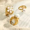 Joyería Estilo Europeo y Americano Concha Geométrica Perla Circonita Juego de Anillos Abiertos Ins Exagerado Accesorios para Manos de Celebridad de Internet para Mujeres Acero Inoxidable Oro de 18K