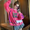 Forrado com fleece Engrossado Linha soprada Solto Gola redonda Moletom Feminino Chique Estilo Hong Kong Estilo Estrangeiro Grafite Comprimento médio Versátil Top