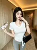 5260 # Camiseta de Verano de Moda Estilo Puro Deseo con Estampado de Lunares, Cuello en V, Manga Corta para Mujer, Corte Ajustado con Almohadillas Integradas en el Pecho