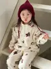 Conjunto de Pijama de Lã Coral Outono/Inverno para Crianças (Meninos e Meninas), Pijama de Zíper Meio e Gola Alta com Desenho, Conjunto de Duas Peças Espesso