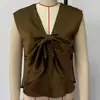 Nuevo Top Camiseta de Moda Verano para Mujer Marrón Texturizado Estilo Francés Retro Elegante con Giro en V sin Mangas para el Trabajo