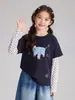 Camiseta Pudding Haru para niños, modelo nuevo de verano 2026 para niños mayores, camiseta estampada de dos piezas simuladas con mangas de malla transpirable