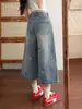 Calça Jeans Cropped Wide-Leg Bordada Vintage Feita Sob Medida de Fábrica para Mulheres, Verão Fina de Caimento Solto, Estilo Reto Emagrecedor