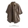 Camisa de Manga Corta Estilo Old Money para Hombre, Camisa Lavada Imitación Lino Retro Americana, Top Casual de Verano Estilo Japonés Holgado