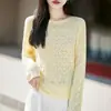 Suéter de Tricô Redondo de Seda e Linho Novo Primavera/Verão Manga Longa Feminino Vazado Crochê Solto Camisa Base Top