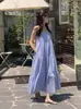 Tallas Actualizadas Estilo Chic Coreano de Resort de Verano Vestido Rayado Holgado Falda de Longitud Media