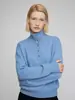 Elegante y moderno suéter azul de cuello alto con media botonadura para mujer, tejido de punto versátil de ajuste holgado para primavera casual