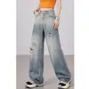 Jeans Minimalista Único Lavado Rasgado Verão Estilo Americano Desgastado Calças Wide-Leg Calças Femininas Zhengzhou Calças Compridas