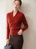 Jersey de cachemira para mujer con cuello en V cruzado, Otoño Invierno, Estilo Nuevo, Manga Larga, Lana, Adelgazante