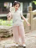 Hanfu Feminino Verão 2025 Novo Infantil Novo Estilo Chinês Estilo Nacional Camisa de Manga Voadora Calça Larga Leve Conjunto de Duas Peças