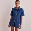 Estilo Europeu e Americano Verão 2025 Novo Exportação Transfronteiriça Lavado Retrô Cor Pura Manga Curta Camisa Shorts Conjunto Jeans para Mulheres