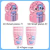 Decoración de fiesta de cumpleaños temática de Stitch de dibujos animados para niños en color rosa: platos de papel de seda, pancartas, manteles y suministros