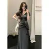 Vestido Gris Estilo Francés para Mujer, Nuevo Modelo de Moda Verano 2026, Impresionante y Hermoso Vestido Largo de Principios de Verano que Ceñe la Cintura