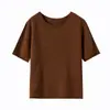 ¡Sensación Delicada de Piel Desnuda! Top de punto de manga corta con cuello redondo y dobladillo enrollado para mujer, pieza única sin costuras, color liso de lana para principios de otoño, camiseta