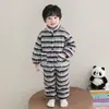 Pijama Infantil, Conjunto de Veludo Coral para Crianças, Forrado com Fleece e Espessado, Roupa de Inverno para Bebês Meninos, Roupas de Casa Listradas de Flanela