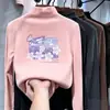 Camada base feminina com forro de fleece, roupa íntima casual, camiseta de outono e inverno, design fofo, adequada para meninas de tamanho médio e grande, gola semi-alta, top de gola redonda