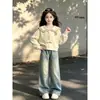 Sudadera con capucha de manga larga y cuello azul marino estilo academia para niños medianos y grandes, conjunto de dos piezas de moda moderno con jeans de estrellas, para primavera y otoño