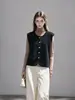 Chaleco de color liso de hebilla metálica de alta calidad, cárdigan de punto en capas con cuello redondo, chaqueta corta que muestra temperamento, suave y esponjoso para mujer