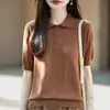 Otoño 2026 Nuevo Camiseta de Manga Corta de Punto con Cuello Polo de Mezcla de Algodón y Lana para Mujer Color Sólido Capa Base