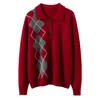 Suéter de cachemira con patrón de rombos estilo universitario para mujer, con cuello polo, cierre de media botón y diseño de punto, perfecto como capa base para otoño e invierno.