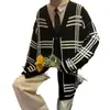 Camisa Primavera Outono Bonito Tendência Suéter Masculino Sensação Casual Listrado Manga Longa Tricô Top Cardigan Design High Street Patchwork