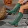 Moda Europeia e Americana 2025 Outono e Inverno Novas Botas Femininas de Couro de Salto Médio Prontas para Usar Exportação Bico Redondo Tamanho Grande Bordadas Botas Western Femininas