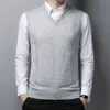 Colete Outono e Inverno Novo Masculino Gola V Sem Mangas Tricô Colete Suéter Cor Sólida Meia-idade Business Suéter Interno