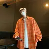 Camisa Xadrez Vintage de Manga Longa para Homens e Mulheres Nicho Solta Casual Design de Bolso Laranja Camisa Jaqueta
