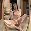 Nuevo pijama transfronterizo con ribete de encaje, cárdigan exterior de manga larga estilo princesa, conjunto de dos piezas de seda helada para el hogar de verano