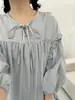 Ropa Nueva de Primavera y Otoño para Mujer Estilo Bosque Escote Encaje Jersey Vestido Casual Encaje Oreja de Madera Vestido Manga Linterna