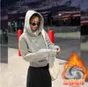 Sudadera con Capucha para Mujer, Estilo Corto Gris, Nuevo Estilo Coreano de Otoño 2026, Corte Ajustado, Forrada de Polar, Top Interior Ajustado para Otoño