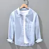 Camisa de Lino Hilado para Hombre Cuatro Estaciones Manga Larga Top Estilo Coreano Lino Transpirable Camisa talla extra Casual Holgado para Hombre