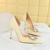 Zapatos de Salón 626-K2, Tacones de Aguja, Tacones Súper Altos, Boca Escotada, Punta Afilada, Recortes Laterales, Hebillas Metálicas con Pedrería, Zapatos de Estilo Europeo y Americano