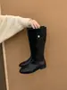 Botas de motocicleta negras de caña alta con tacón grueso estilo coreano, botas largas para mujer, nueva colección otoño/invierno 2025, estilizan y son versátiles, botas largas