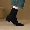 Botines elásticos adelgazantes de punta fina estilo francés para mujer, tacón bajo, estilo Otoño/Invierno, gamuza, versátiles, tacón grueso, cremallera trasera