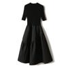 Moda Elegante 2024 Vestido Preto Pequeno Gola Meia Manga Tricô de Lã Costura Saia Tutu Ajuste Slim vestido
