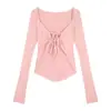 Fio cardadoCamiseta feminina de manga longa com gola quadrada branco desejo puro outono sexy justa na cintura com cordão top para amarrar