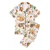 Pijama de Seda de Leche de Comercio Exterior Europeo para Mujer Primavera y Otoño Manga Corta Pantalón Largo Estampado de Gato Ropa de Casa Venta al por Mayor de Fábrica