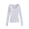 Camisetas Sexy de Gola Europeia e Americana com Mangas Longas para Mulheres 2024 Nova Slim Fit Ombro Direito Efeito Emagrecedor Camisetas Básicas