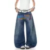 Jeans reto azul vintage lavado estilo americano, nova coleção de primavera, corte solto, efeito emagrecedor, tecido fluido, calça wide leg, moderno