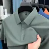 Camisa Polo Masculina de Verão Sem Costura Estampada de Seda Gelada de Nylon Manga Curta Elástica Cor Lisa Casual de Negócios Gola Polo para Homens