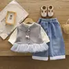 Conjunto Fresco y Casual de Tres Piezas para Niñas con Chaleco de Punto con Lazo Abotonado, Nuevo Estilo Primavera y Otoño para Bebés Niñas