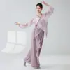Traje de Prática de Dança Clássica para Mulheres, Novo Estilo, Chiffon com Diamantes, Cardigã Etéreo Cruzado com Manga Lanterna, Conjunto de Fantasia de Dança para Performance
