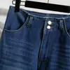 Toma Real de Pantalones de Pierna Ancha de Longitud Completa con Cintura Alta Elástica de Talla Grande, Botón Doble, Jeans de Mezclilla de Caída Suelta para Mujer, Azul, Algodón Delgado