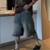 Shorts de mezclilla holgados lavados estilo retro americano para hombre, estilo streetwear, geniales y casuales, versátiles de pierna recta de pierna ancha de cinco puntos